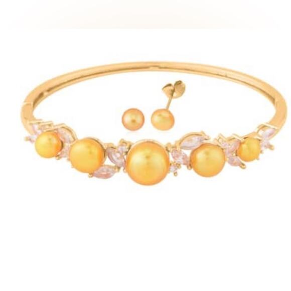 Golden Freshwater Pearl Bangle Bracelet and Earrings in Ion Plated Yellow Gold - Picture 2 of 4